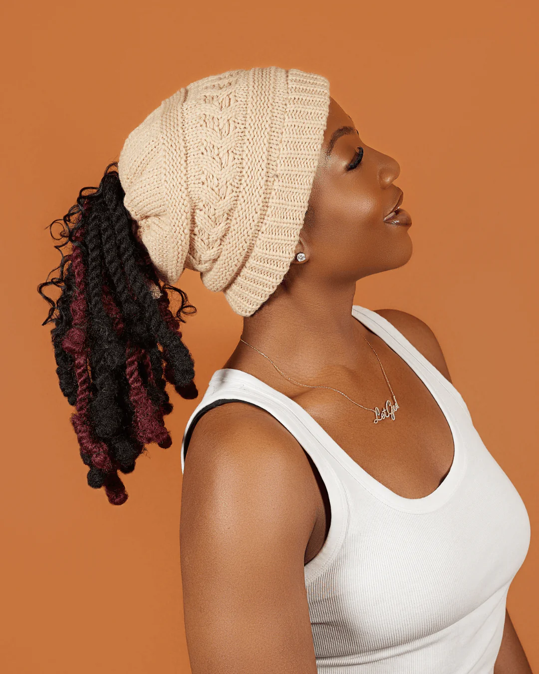 Sand Satin Lined Ponytail Beanie 3 Sand Satin Lined Ponytail Beanie