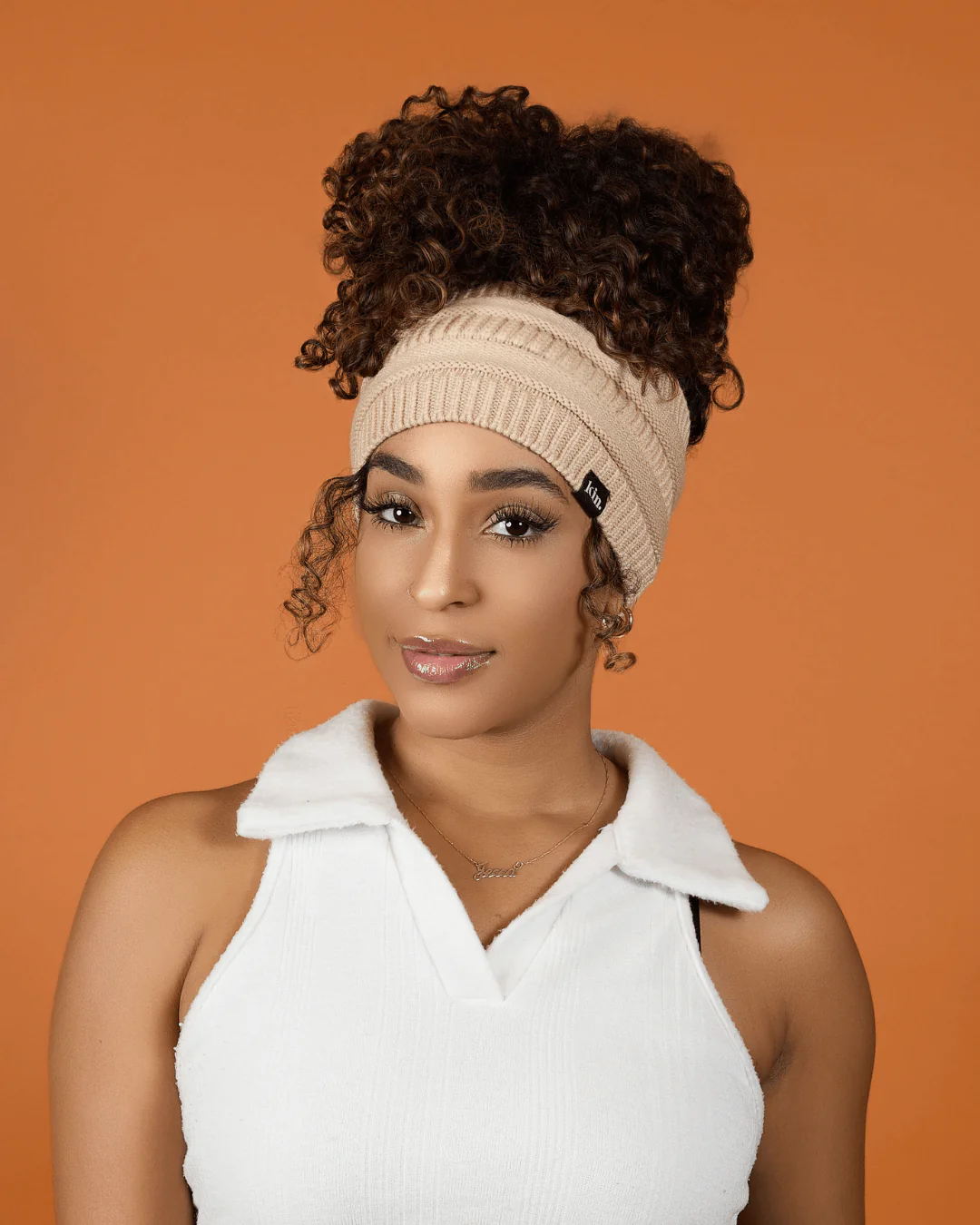 Tan Satin Lined Puff Beanie