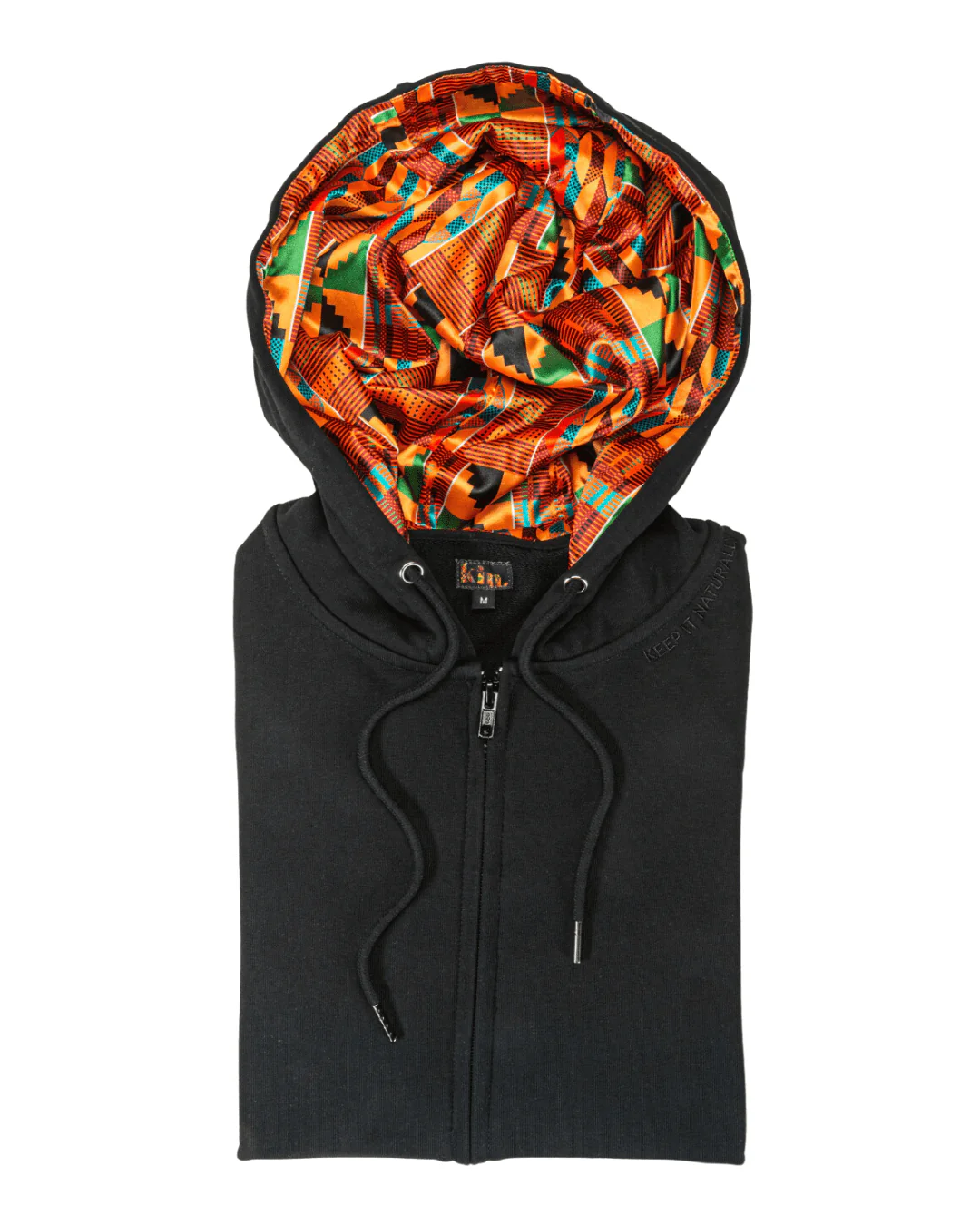 Black Kente Thin Satin Lined Zip Up Hoodie