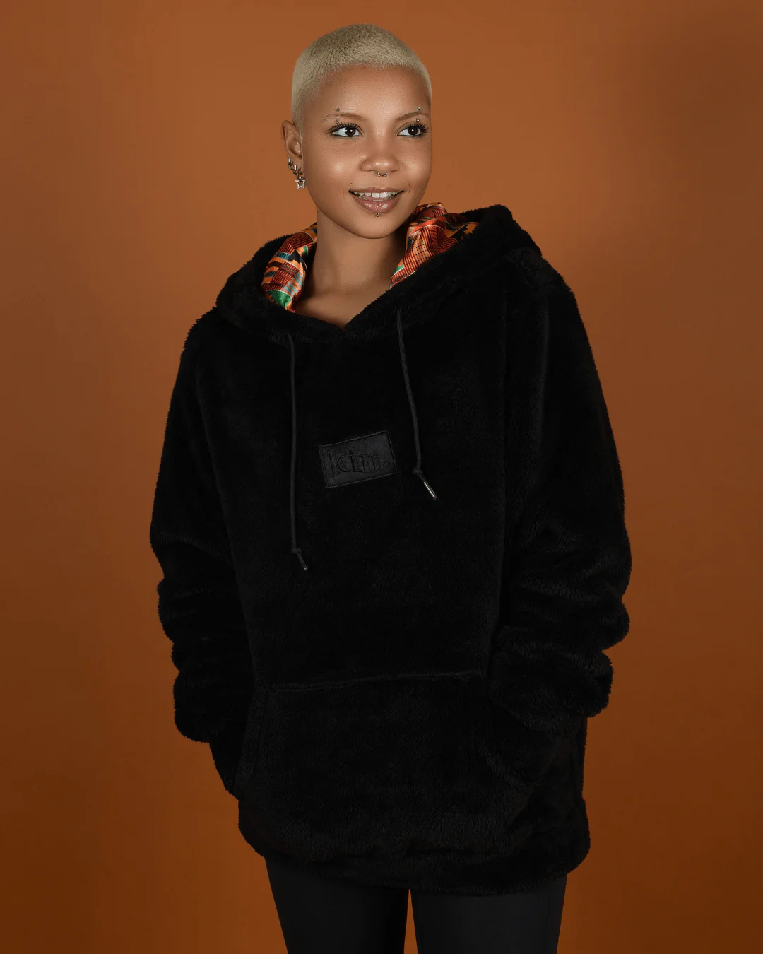 Black Kente Thin Teddy Satin Lined Hoodie
