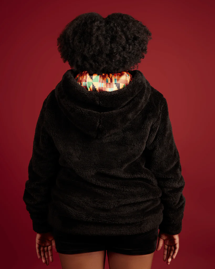 Black Kente Thin Teddy Satin Lined Hoodie 5 Black Kente Thin Teddy Satin Lined Hoodie