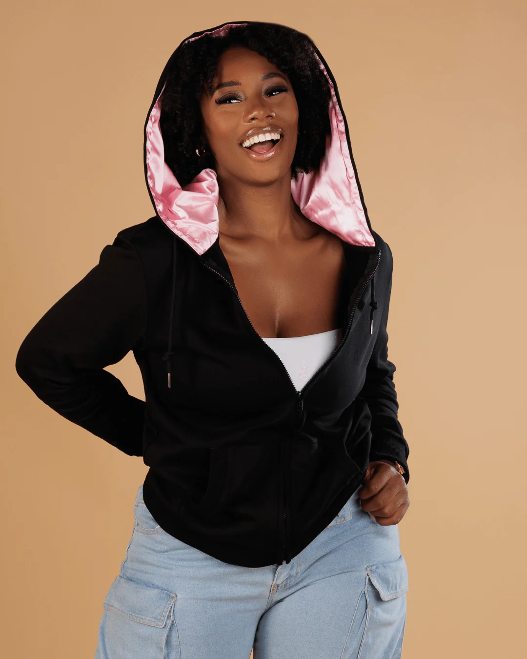 Black Rosé Thin Satin Lined Zip Up Hoodie