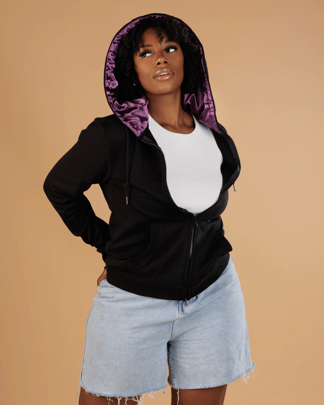 Black Royalty Thin Satin Lined Zip Up Hoodie