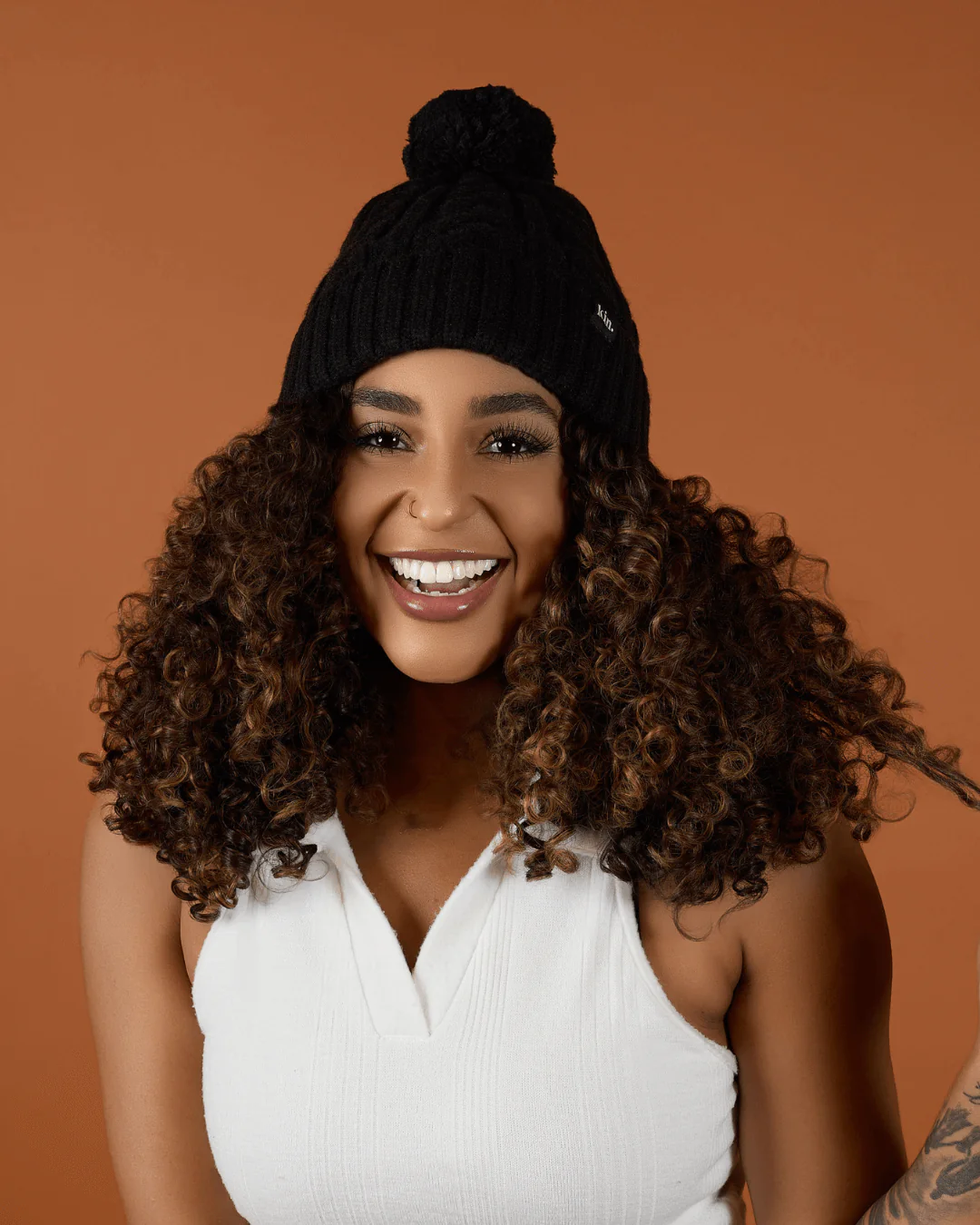 Black Satin Lined Pom Pom Beanie
