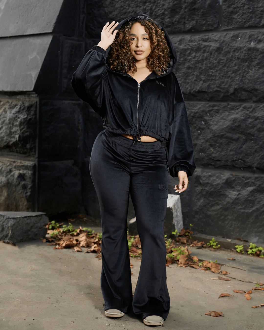 Black Velour Satin Lined Crop Zip Up Hoodie