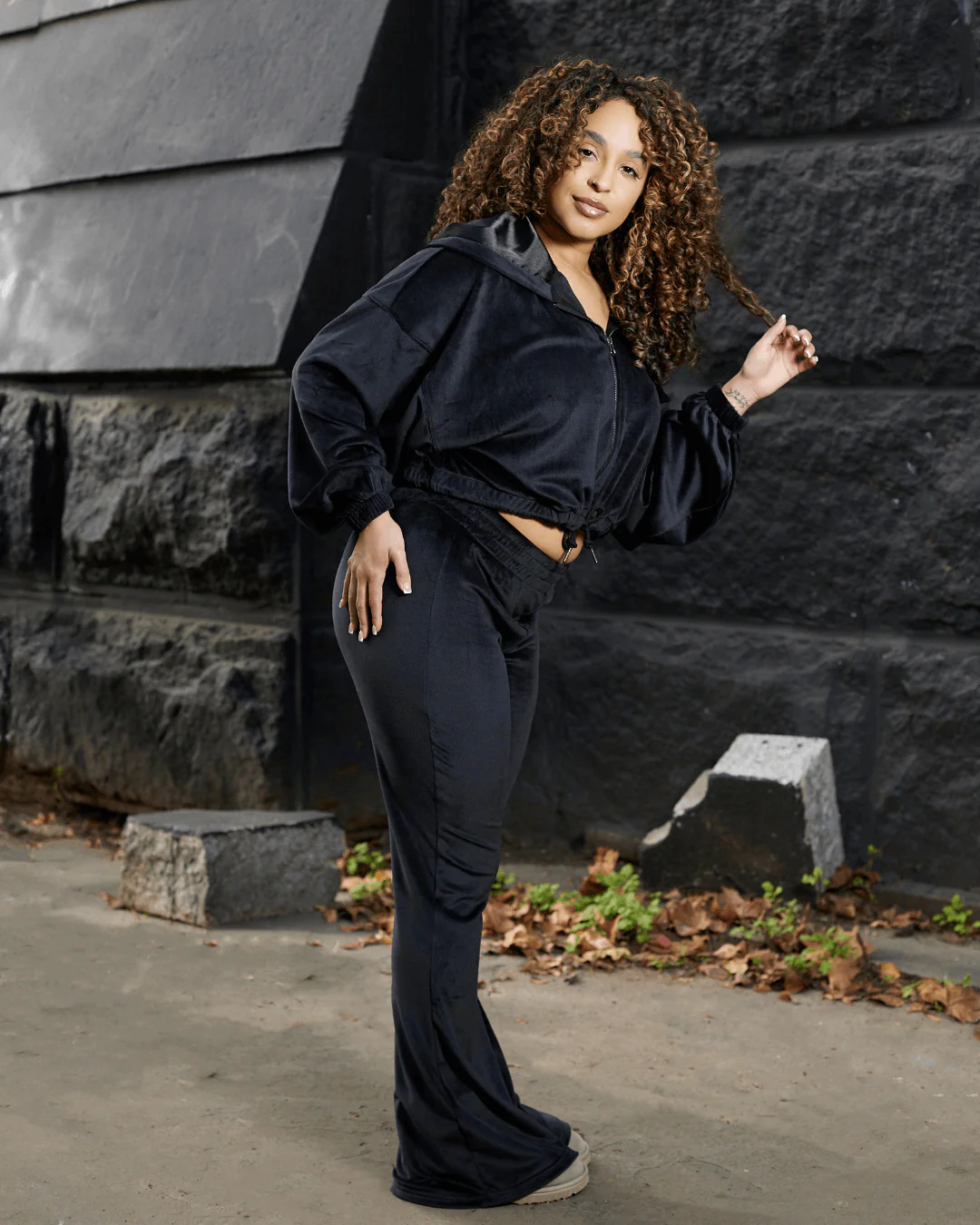 Black Velour Satin Lined Crop Zip Up Hoodie 7 Black Velour Satin Lined Crop Zip Up Hoodie