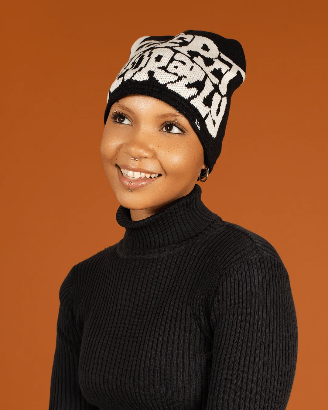 Black White Satin Lined Logo Beanie