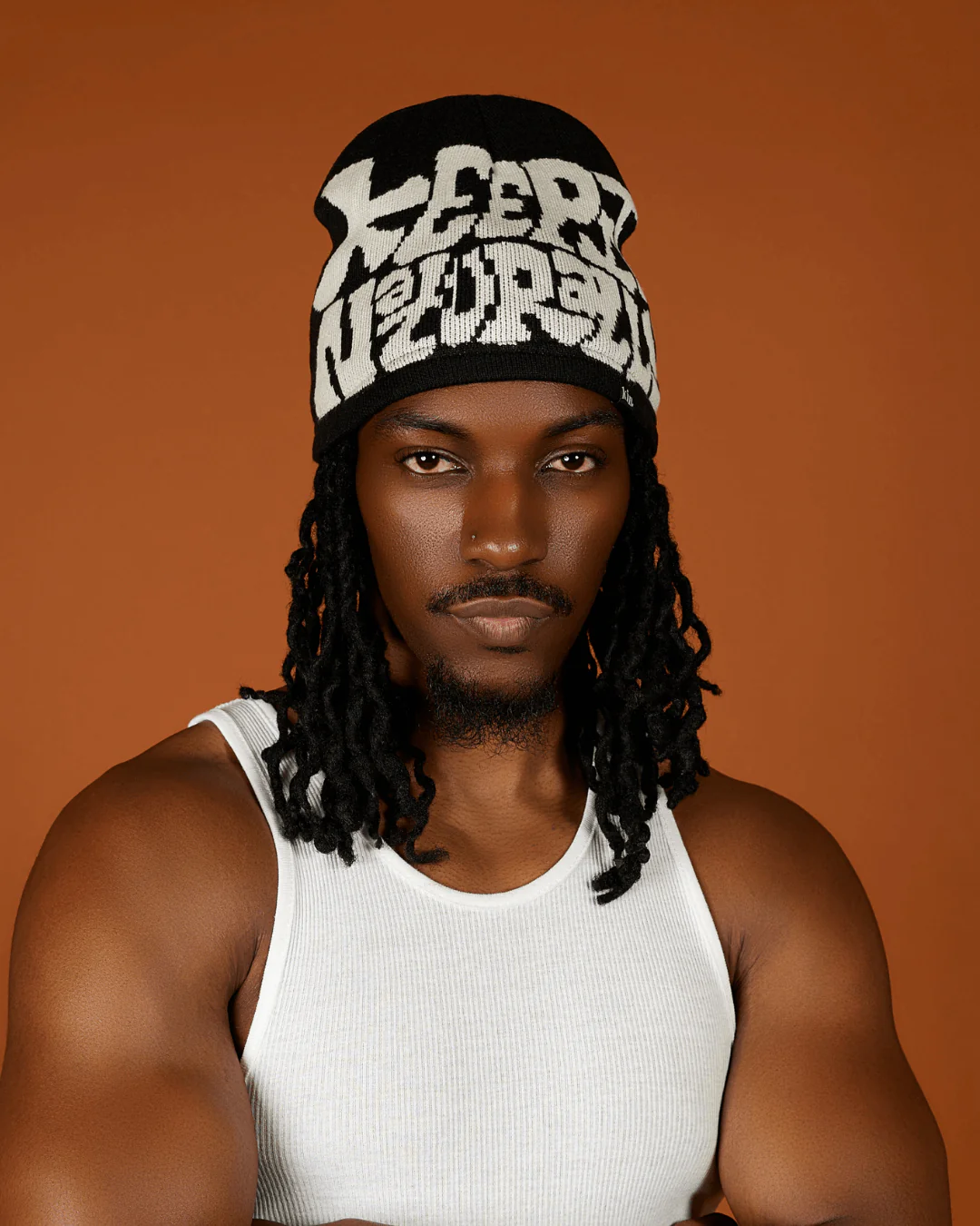 Black White Satin Lined Logo Beanie