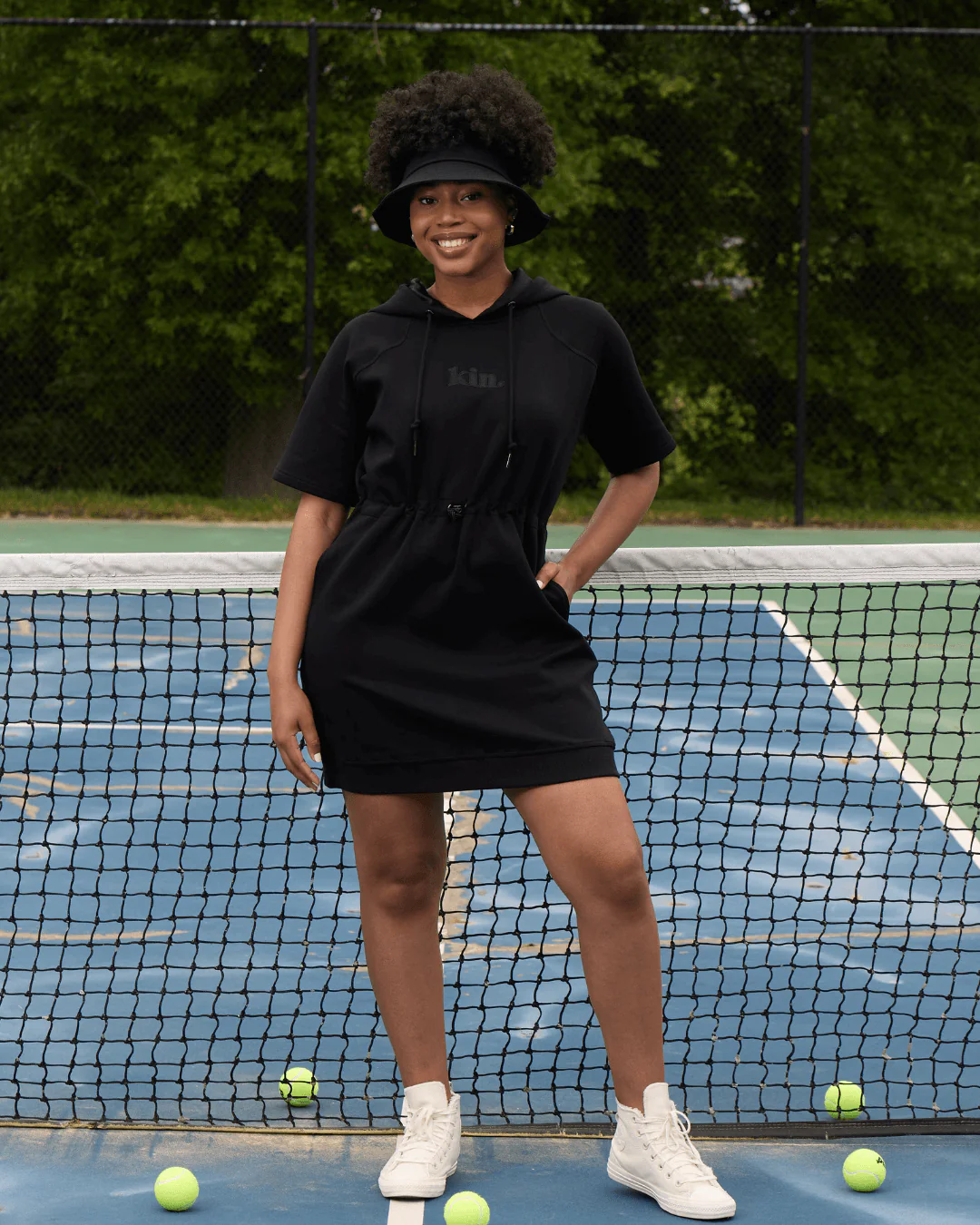 Black Adjustable Satin Lined Hoodie Dress