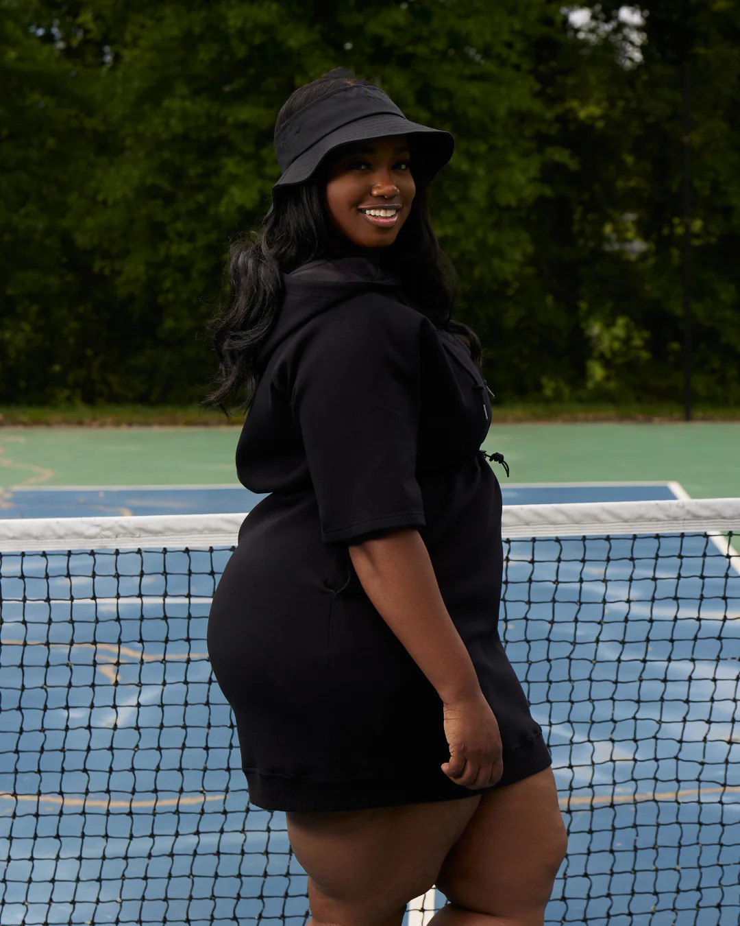 Black Adjustable Satin Lined Hoodie Dress
