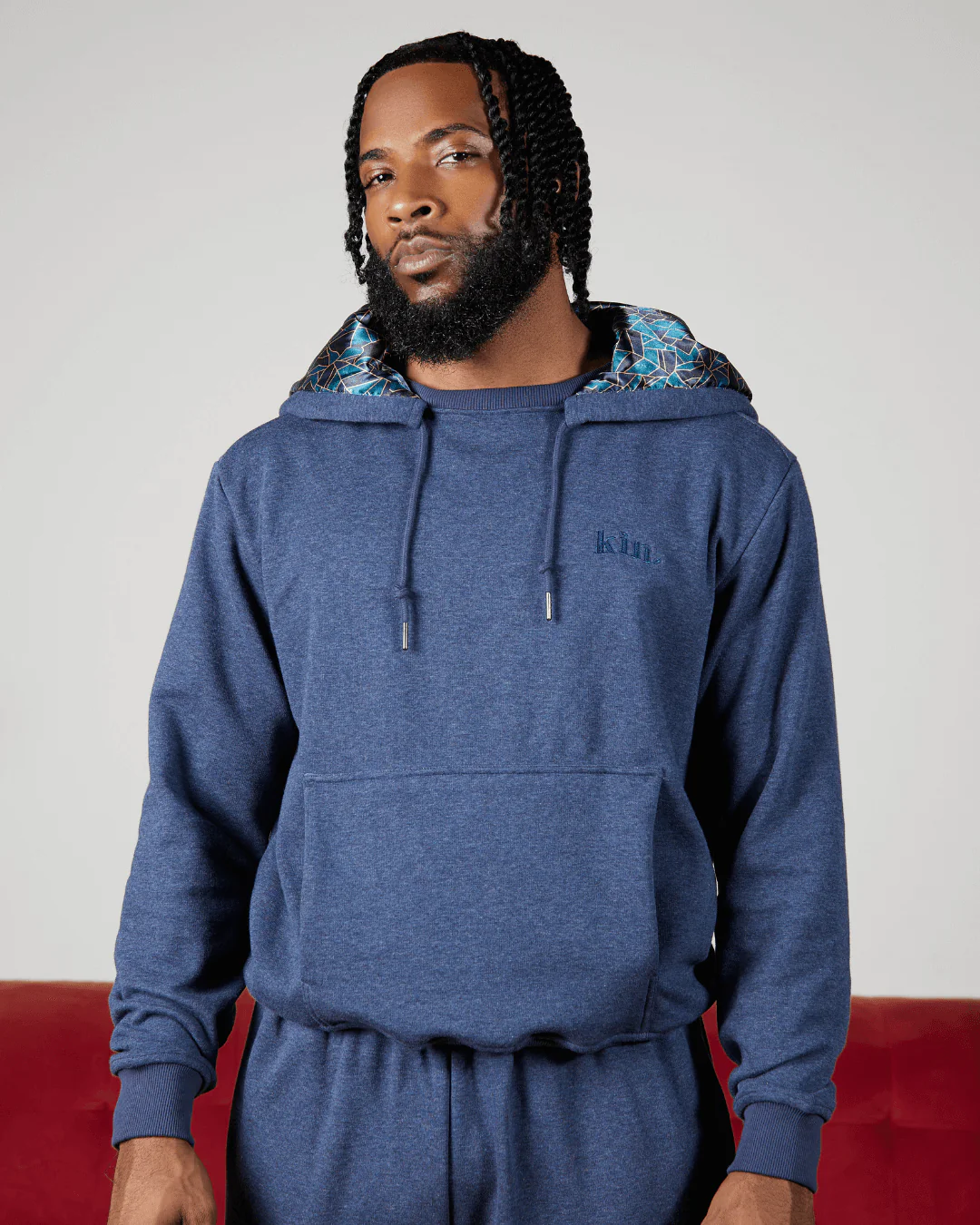 Blue Geo Thick Satin Lined Hoodie