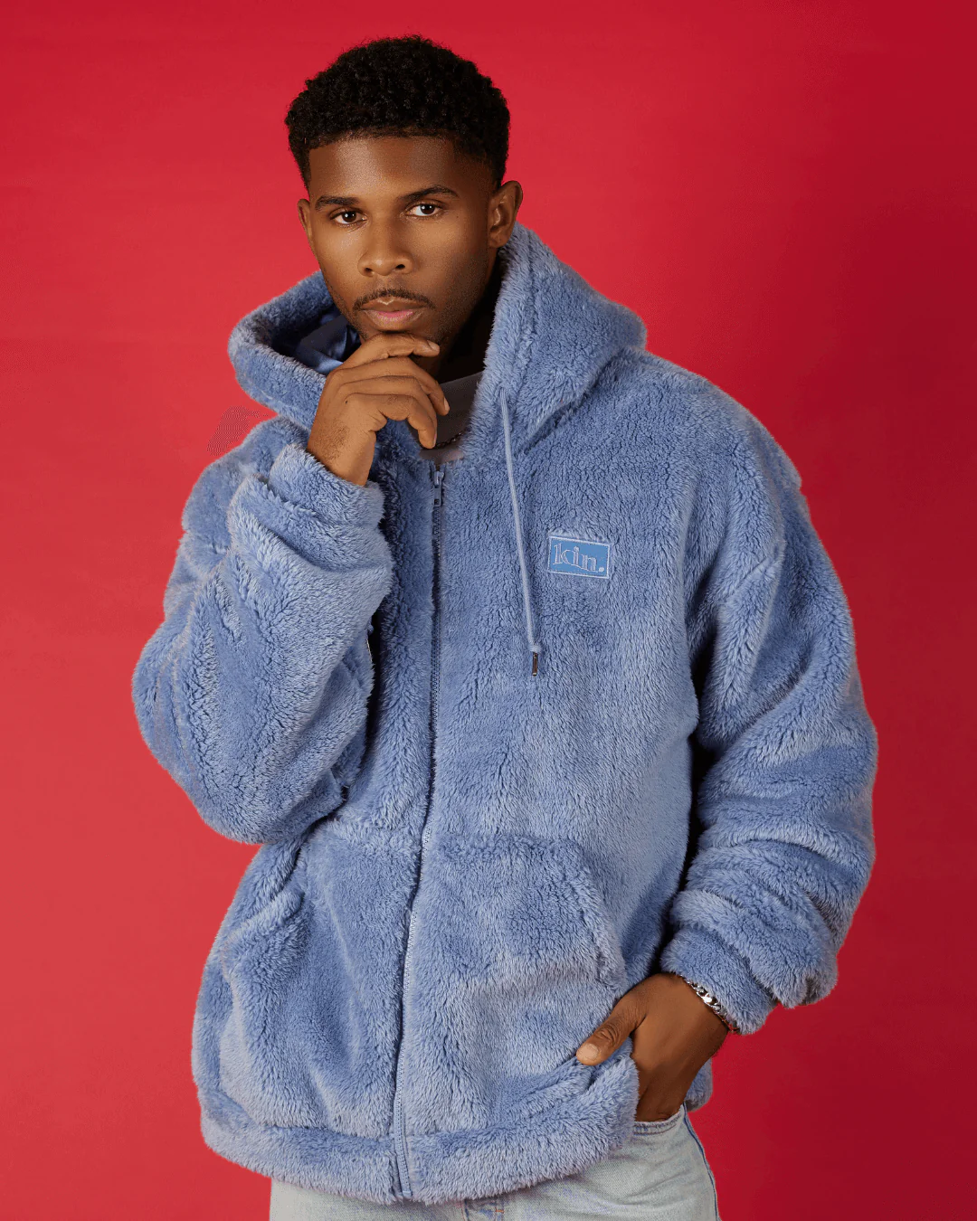 Blue Thick Teddy Satin Lined Zip Up Hoodie