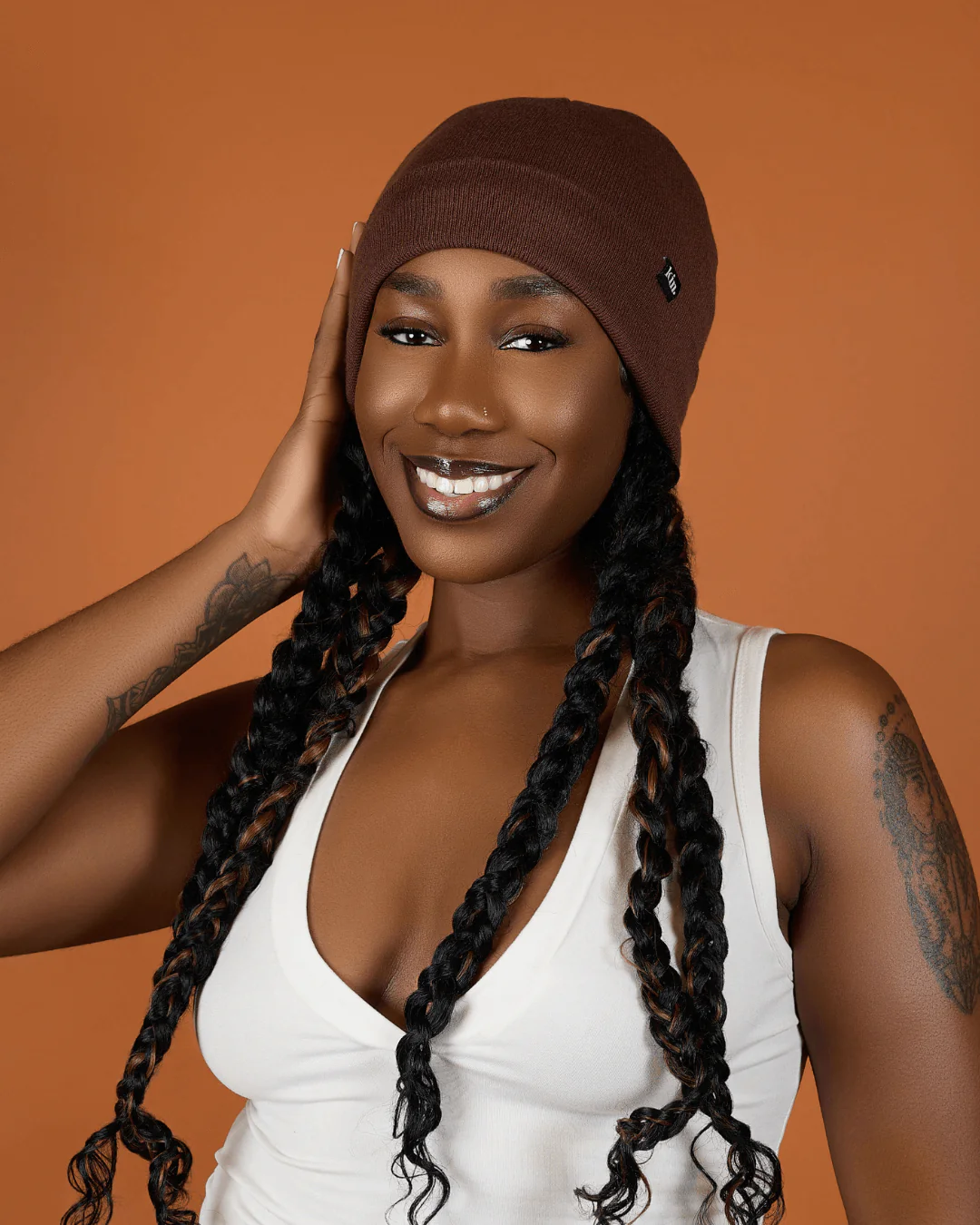 Brown Jersey Satin Lined Beanie