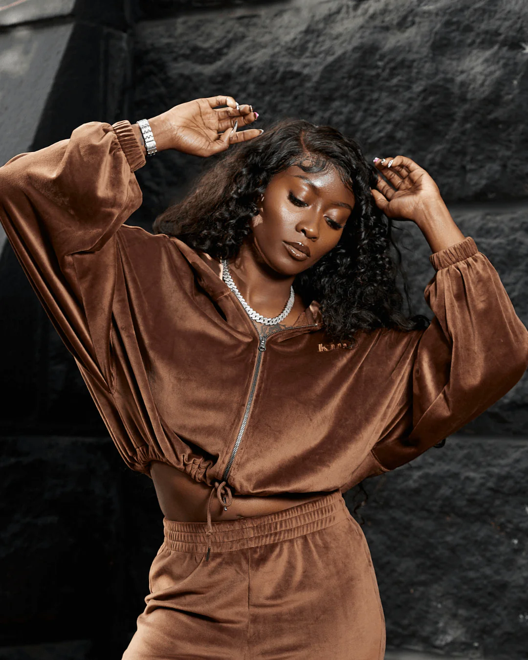 Brown Velour Satin Lined Crop Zip Up Hoodie 4 Brown Velour Satin Lined Crop Zip Up Hoodie
