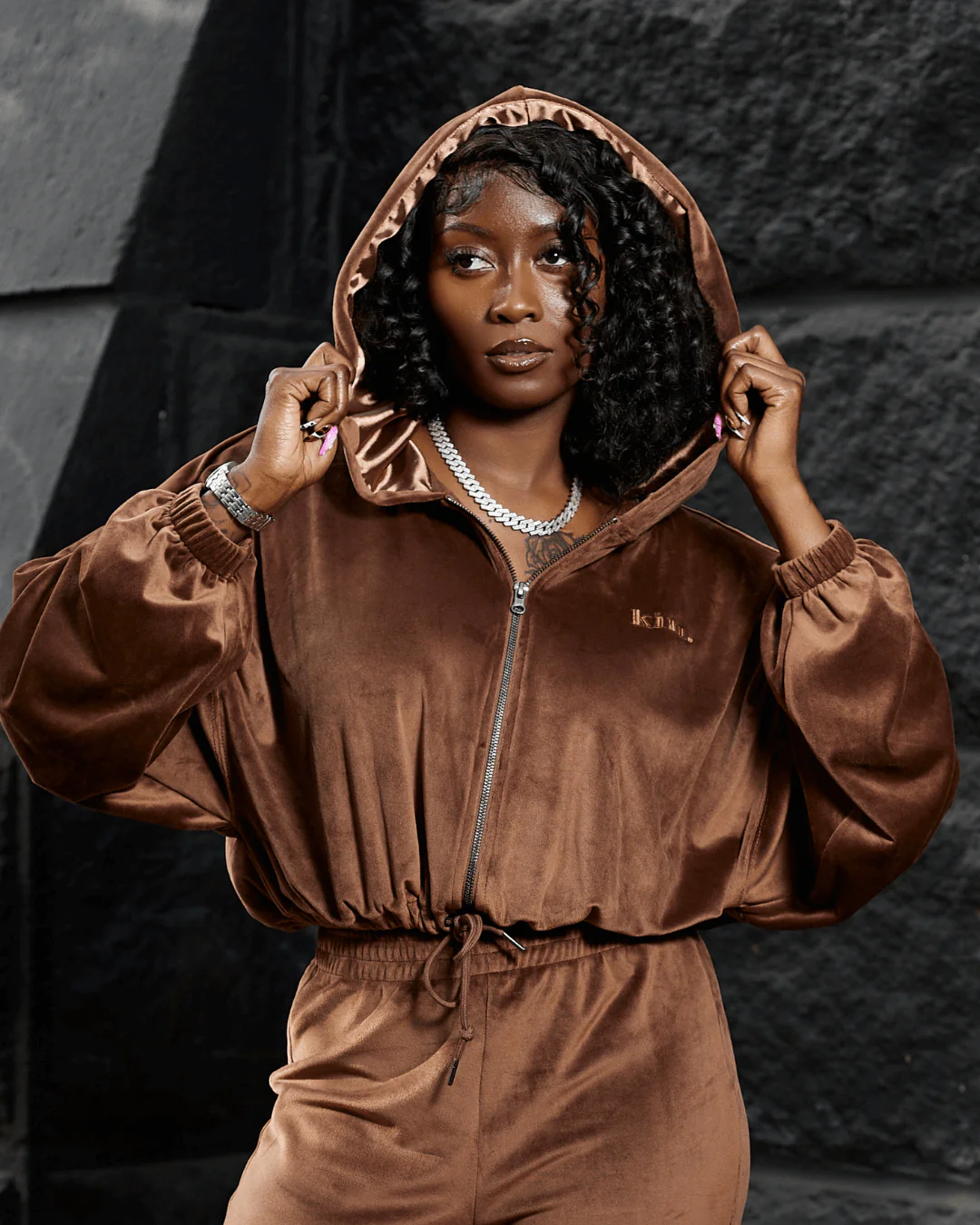 Brown Velour Satin Lined Crop Zip Up Hoodie 6 Brown Velour Satin Lined Crop Zip Up Hoodie