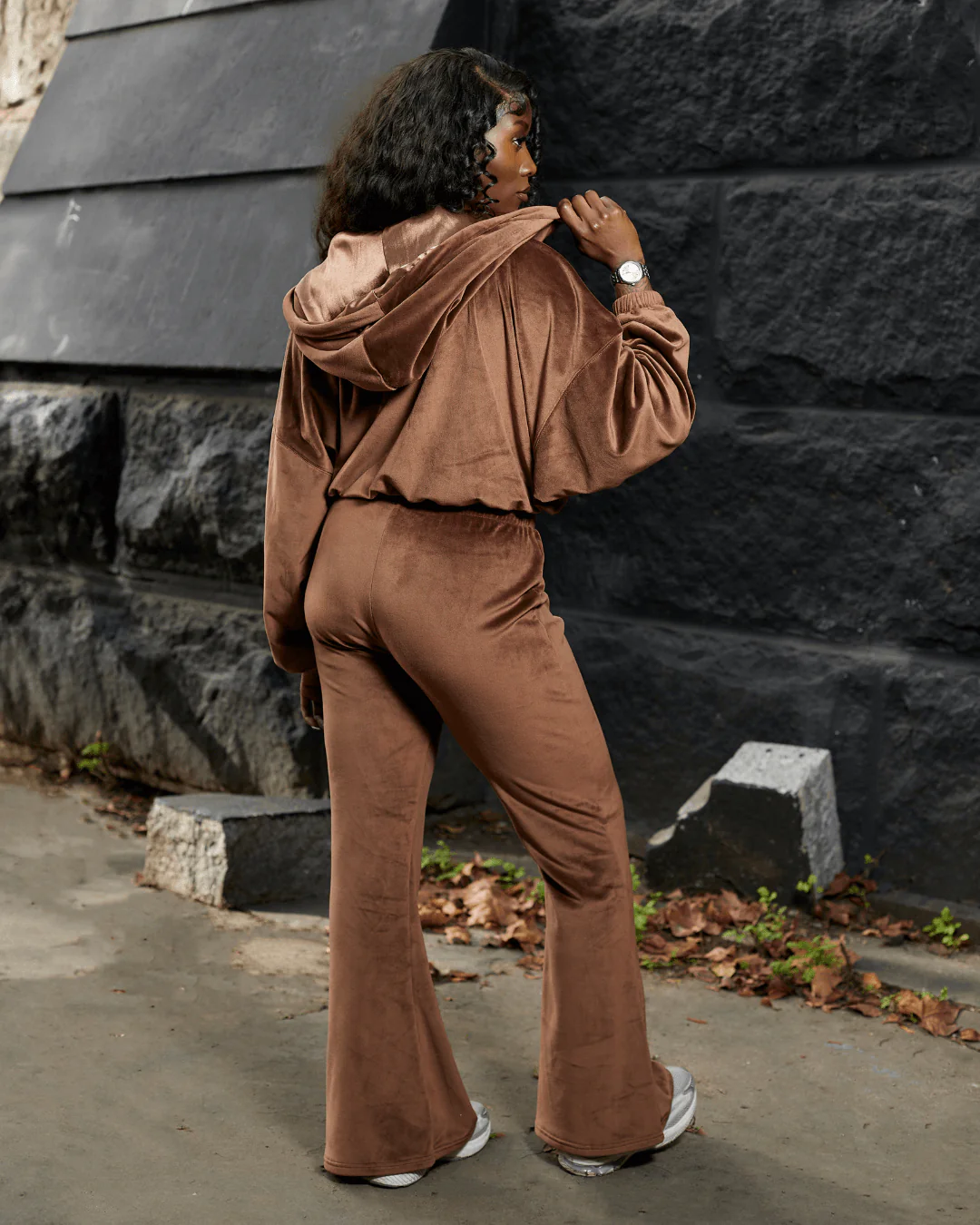 Brown Velour Satin Lined Crop Zip Up Hoodie 9 Brown Velour Satin Lined Crop Zip Up Hoodie