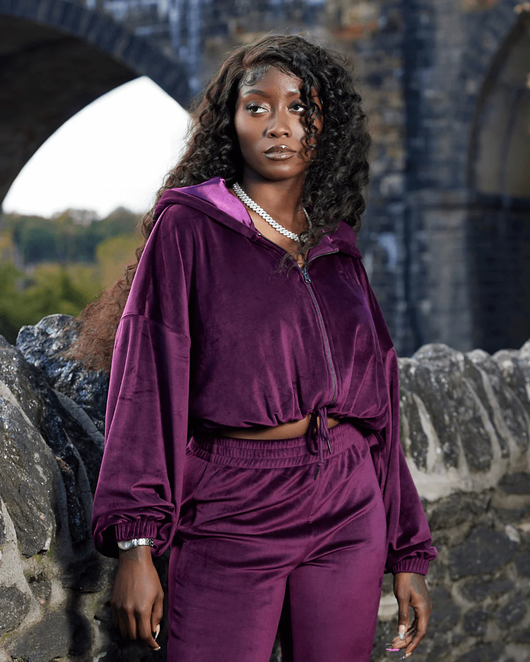 Burgundy Velour Satin Lined Crop Zip Up Hoodie