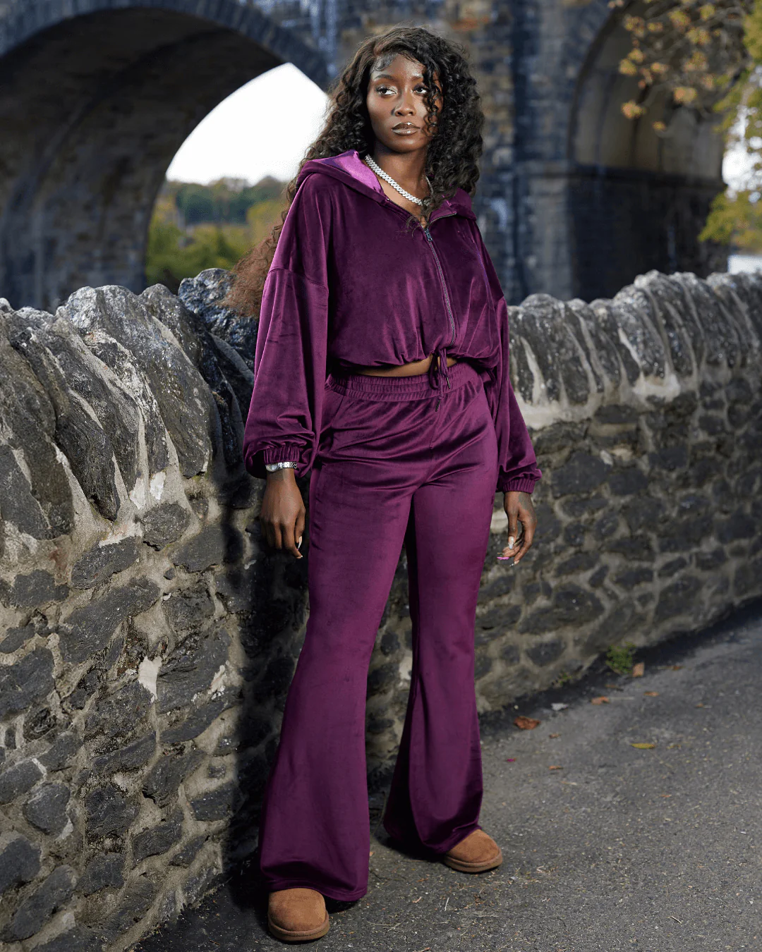Burgundy Velour Satin Lined Crop Zip Up Hoodie