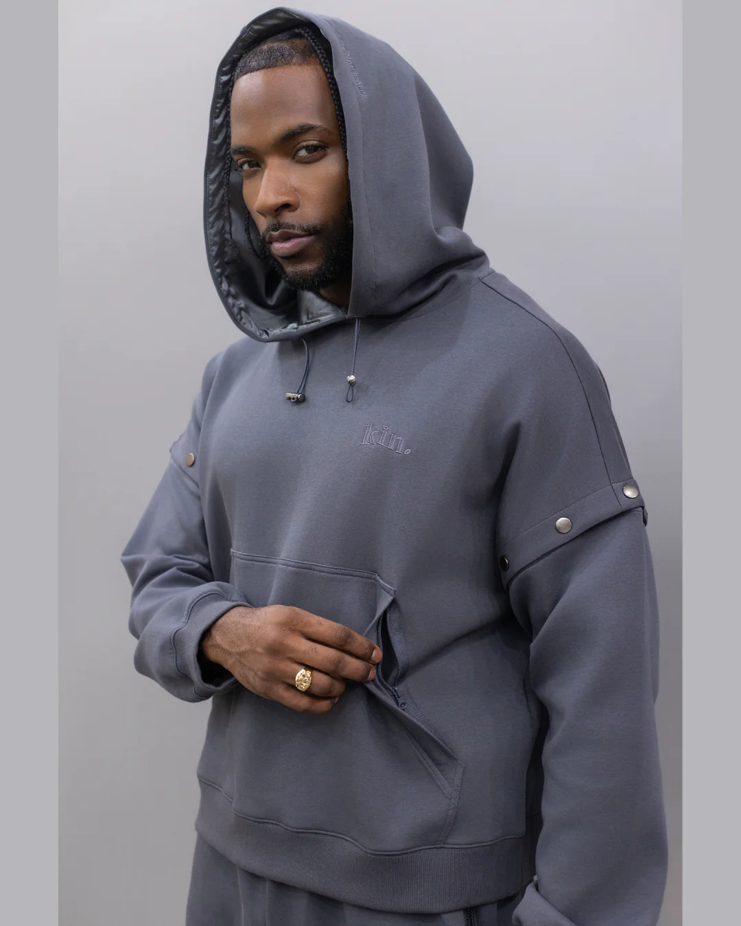 Charcoal Grey Convertible Pullover Satin Lined Hoodie 8 Charcoal Grey Convertible Pullover Satin Lined Hoodie