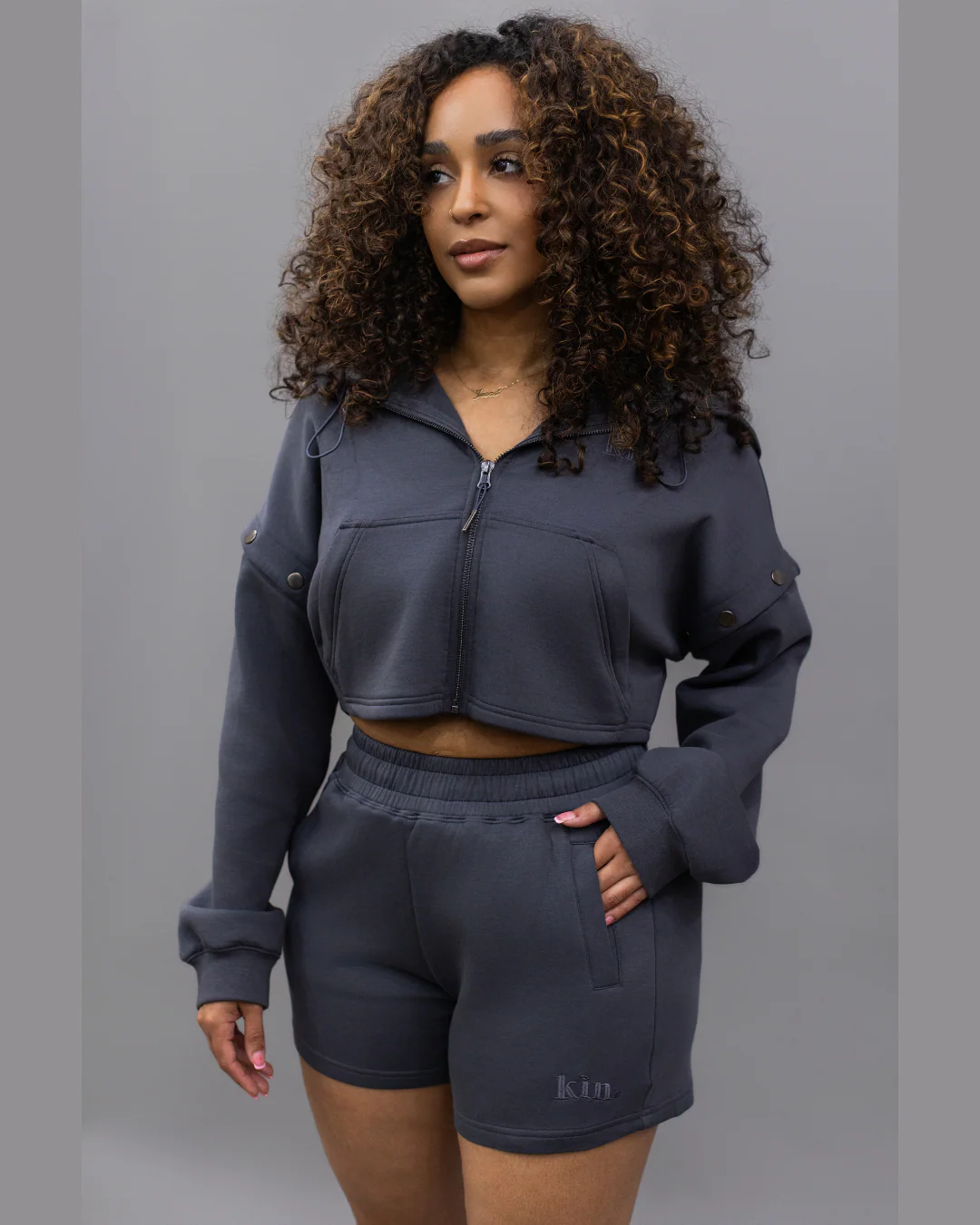 Charcoal Grey Convertible Zip Up Satin Lined Hoodie 7 Charcoal Grey Convertible Zip Up Satin Lined Hoodie
