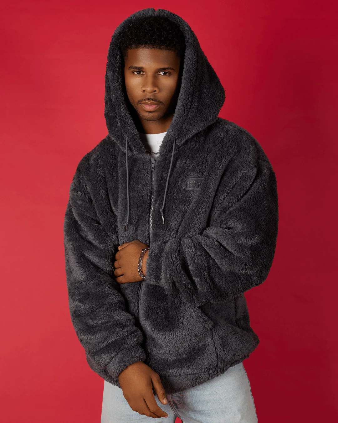Charcoal Grey Thick Teddy Satin Lined Zip Up Hoodie
