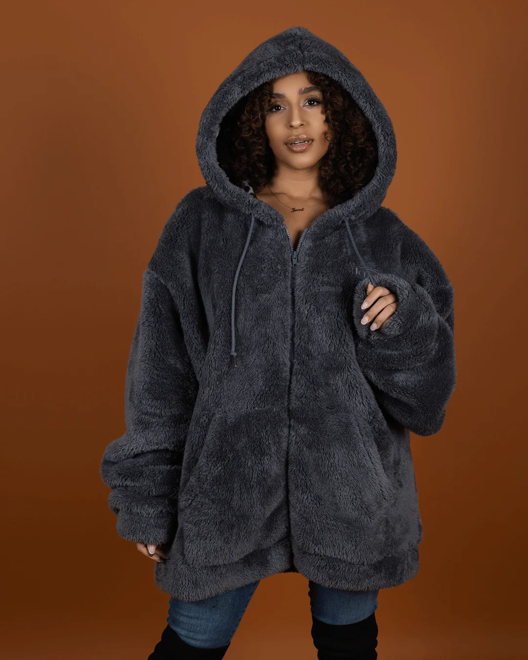 Charcoal Grey Thick Teddy Satin Lined Zip Up Hoodie