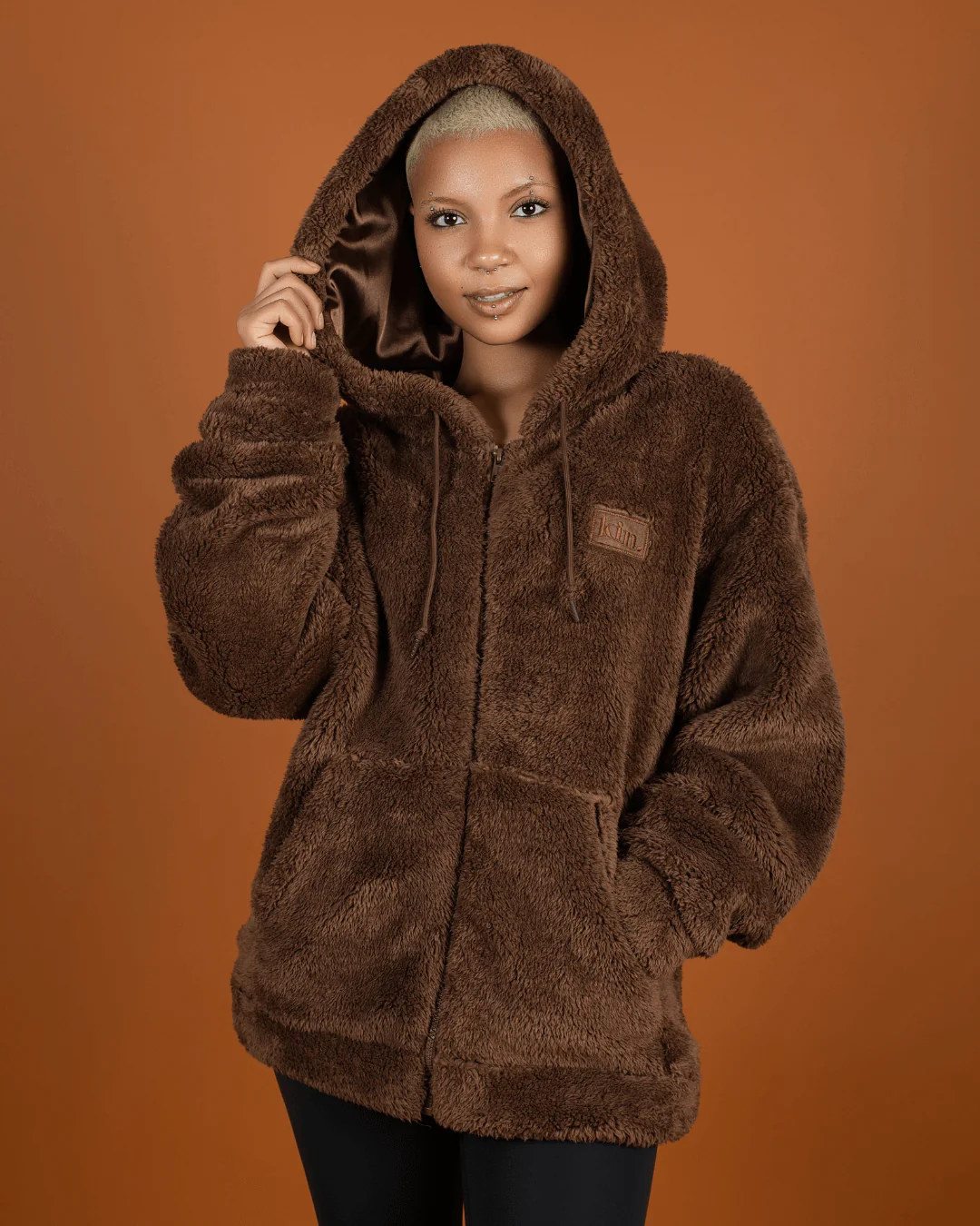 Chocolate Thick Teddy Satin Lined Zip Up Hoodie