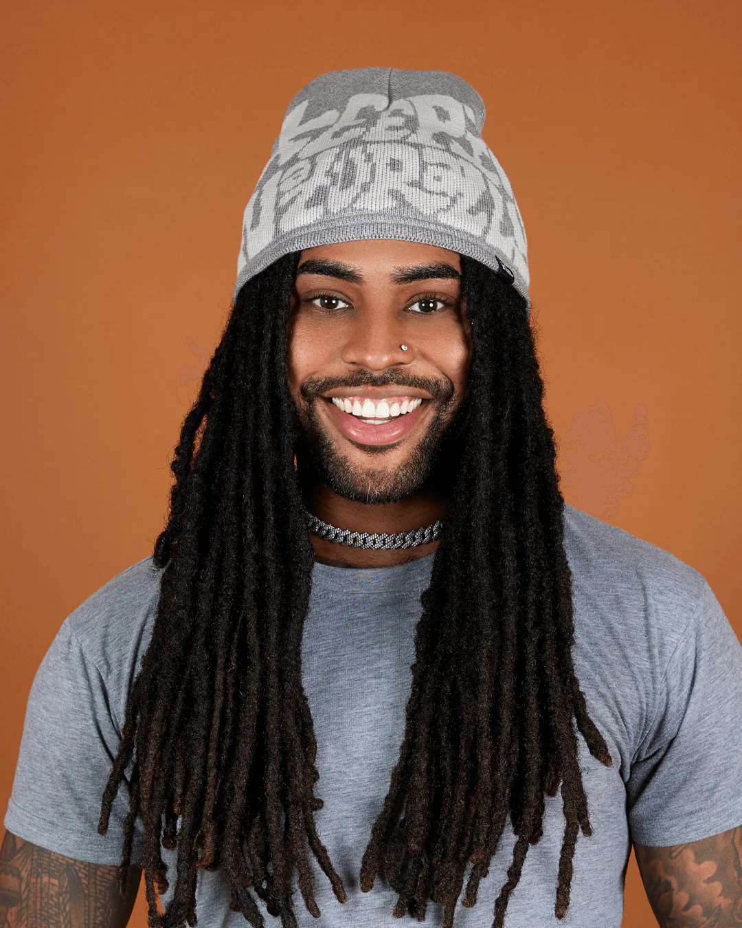 Grey White Satin Lined Logo Beanie