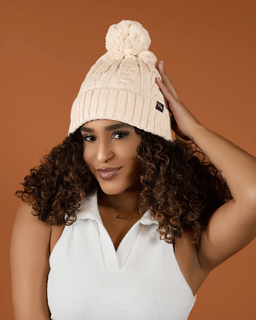 Beige Satin Lined Pom Pom Beanie