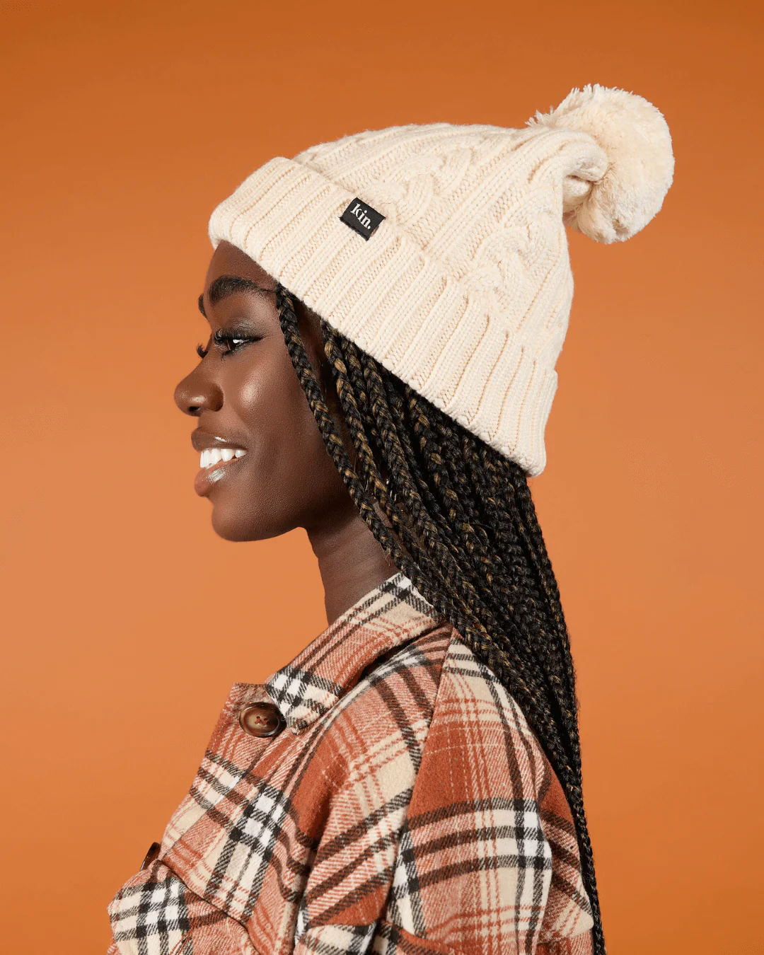 Beige Satin Lined Pom Pom Beanie