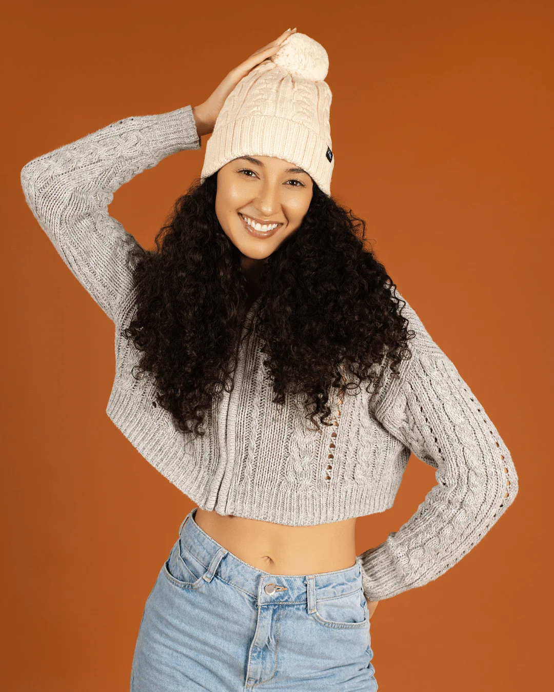 Beige Satin Lined Pom Pom Beanie