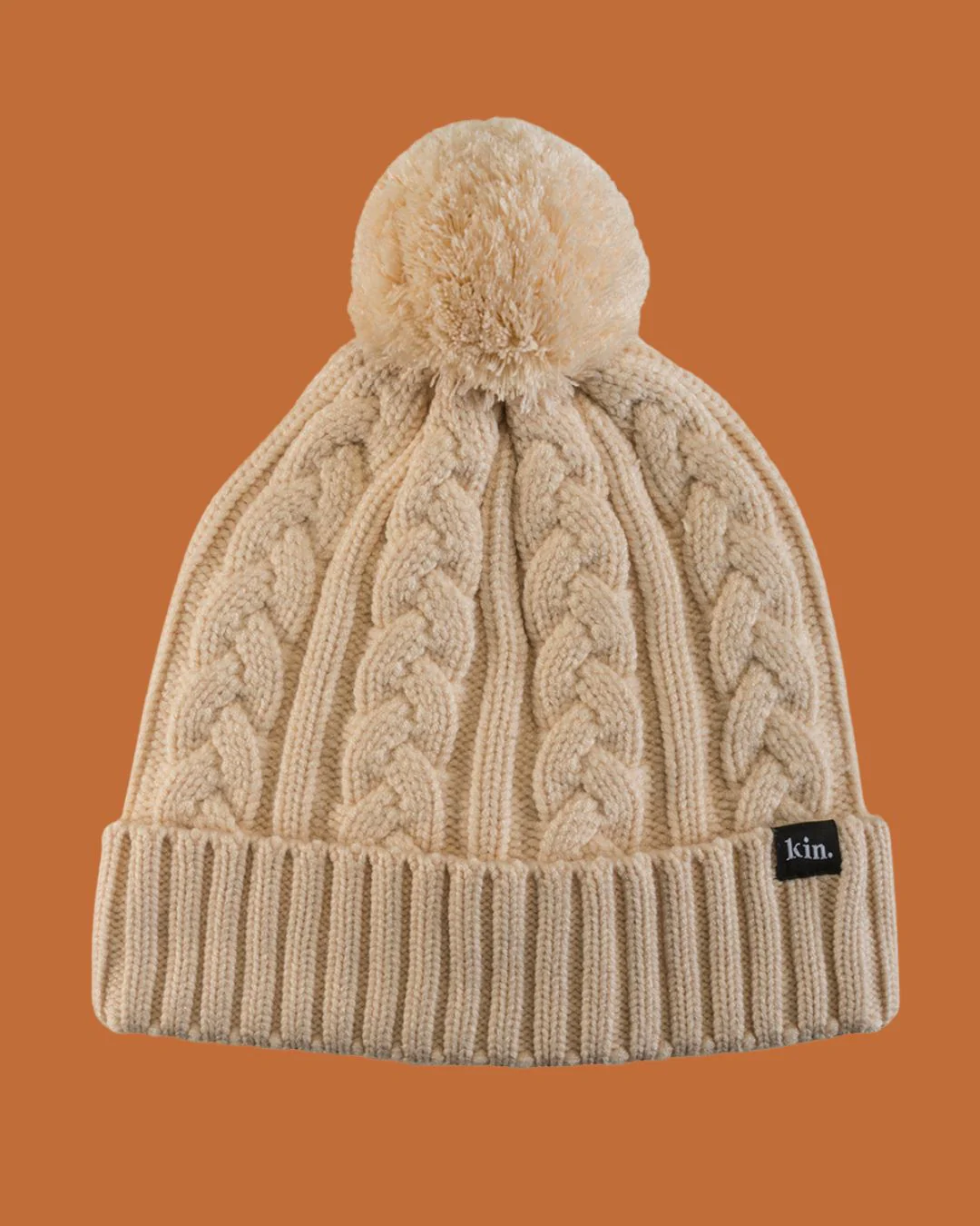 Beige Satin Lined Pom Pom Beanie