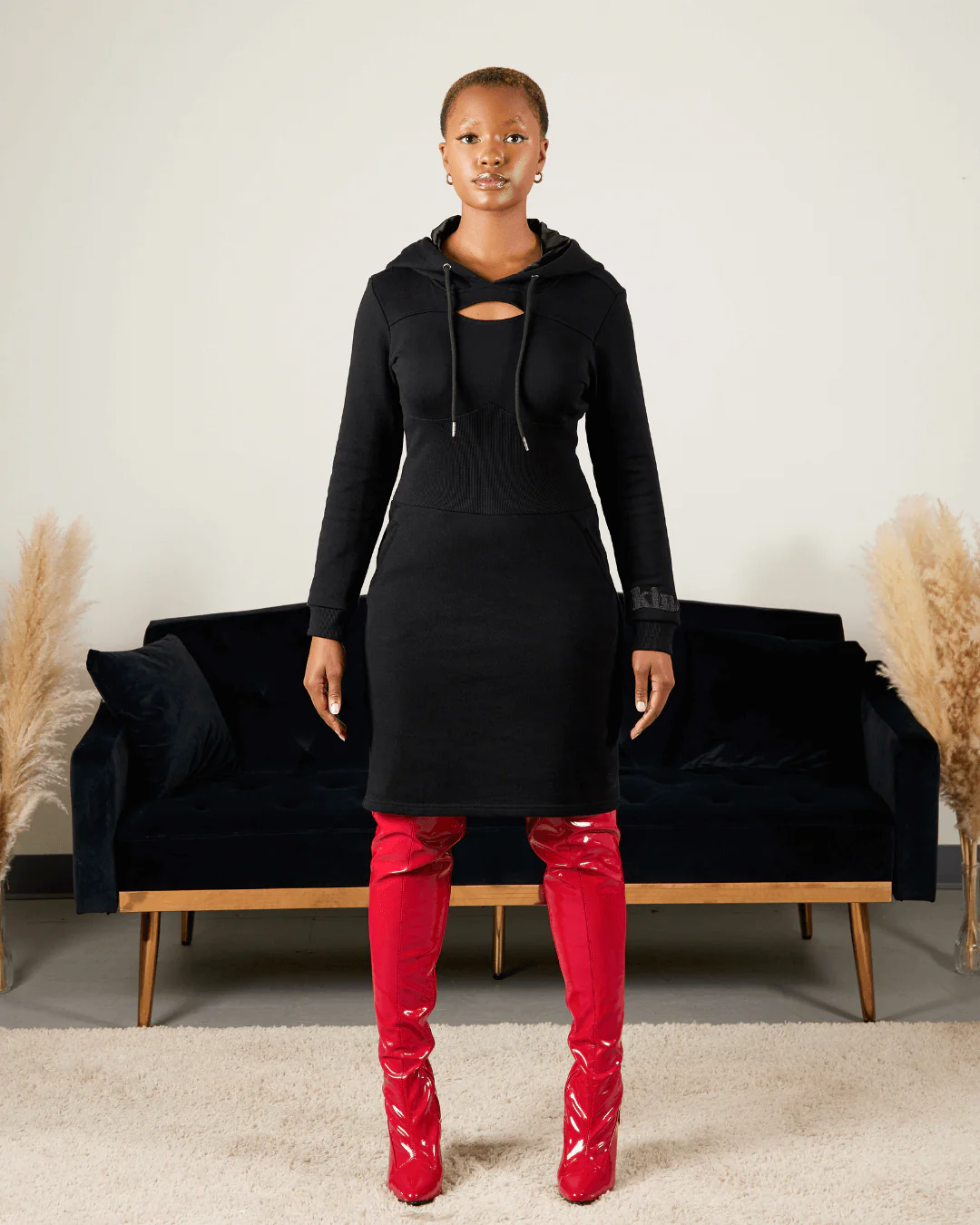 Black Fitted Satin Lined Hoodie Dress