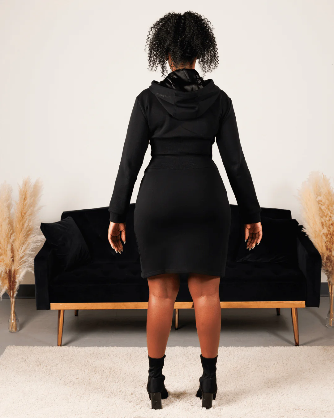 Black Fitted Satin Lined Hoodie Dress