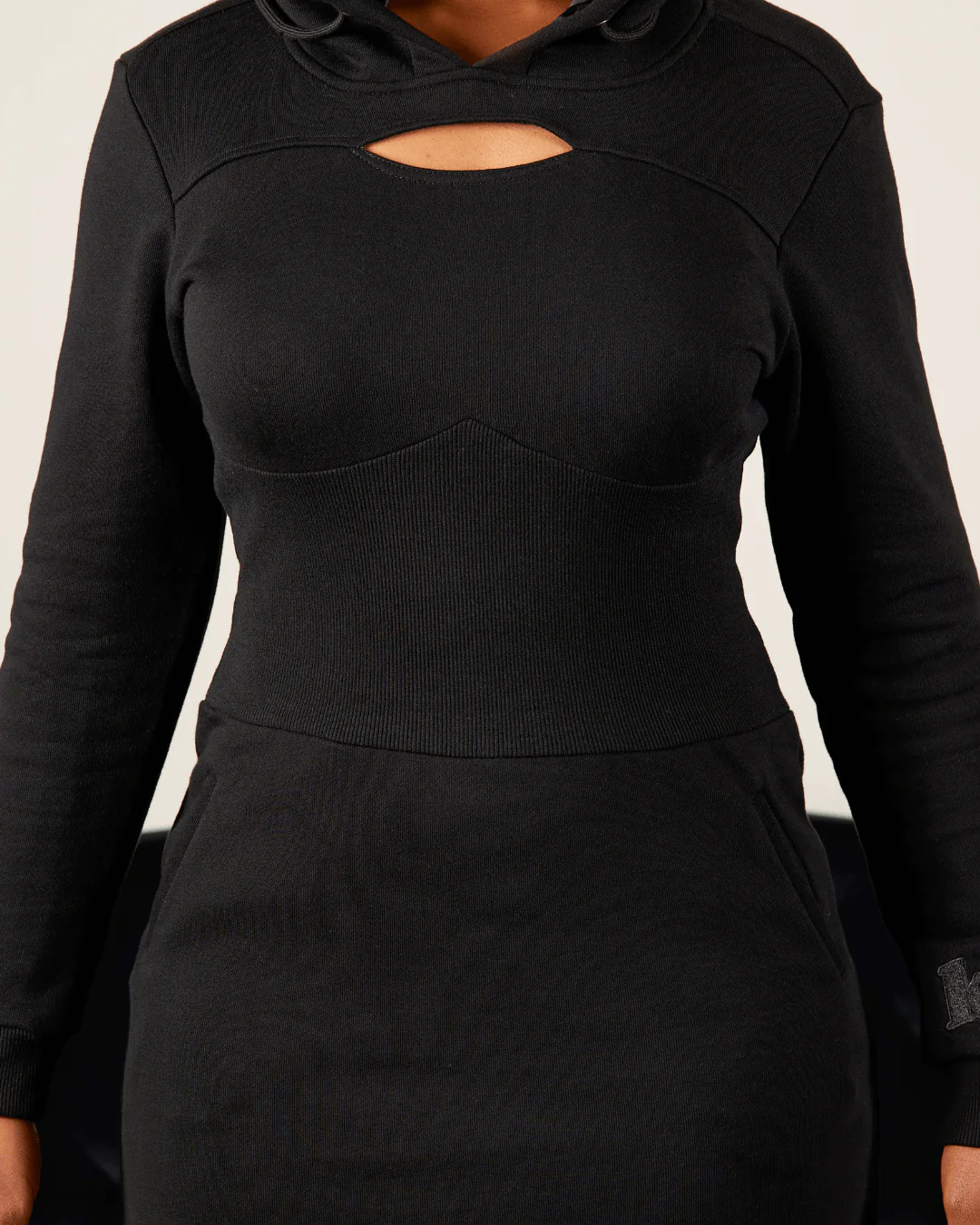 Black Fitted Satin Lined Hoodie Dress