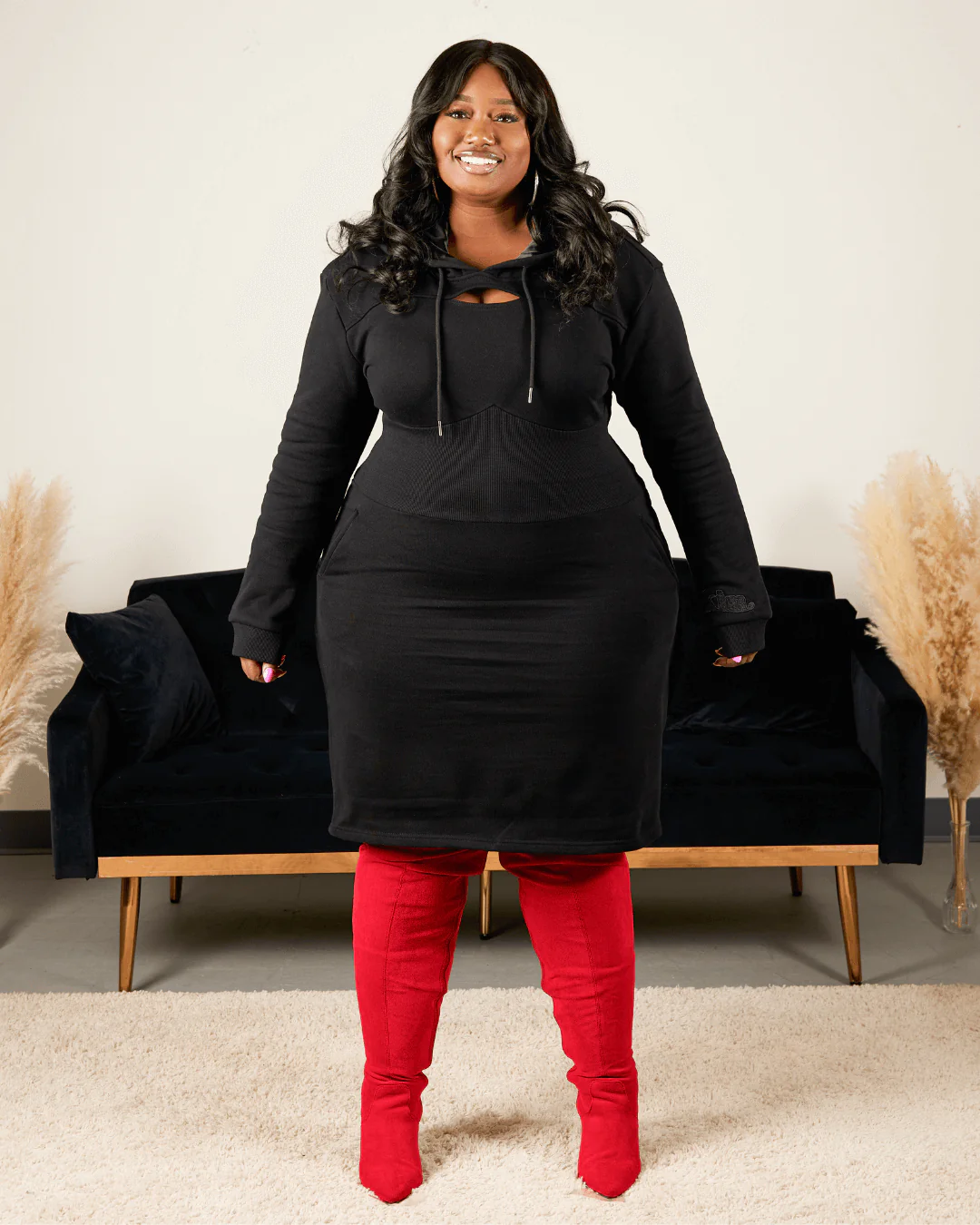 Black Fitted Satin Lined Hoodie Dress