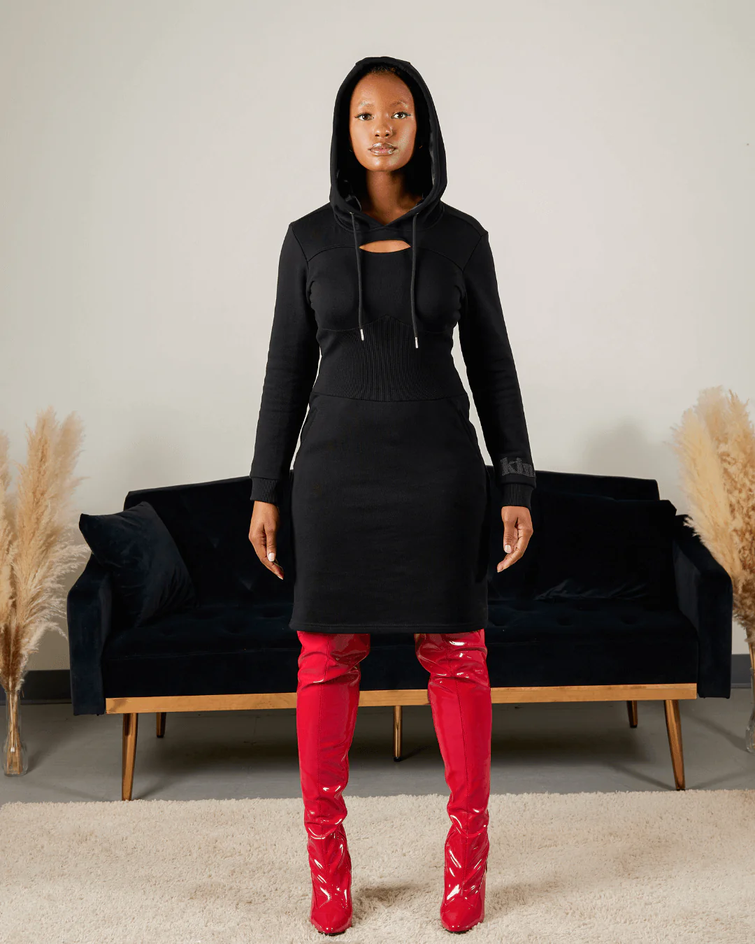 Black Fitted Satin Lined Hoodie Dress
